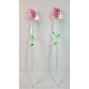 Two 14" faceted Pink Roses and hand blown art glass leaves stem